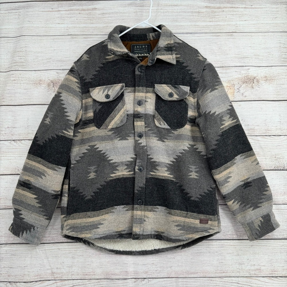 Jachs Shirt Jacket Mens Large Grey Southwestern Faux Fur Lined Wool Blend